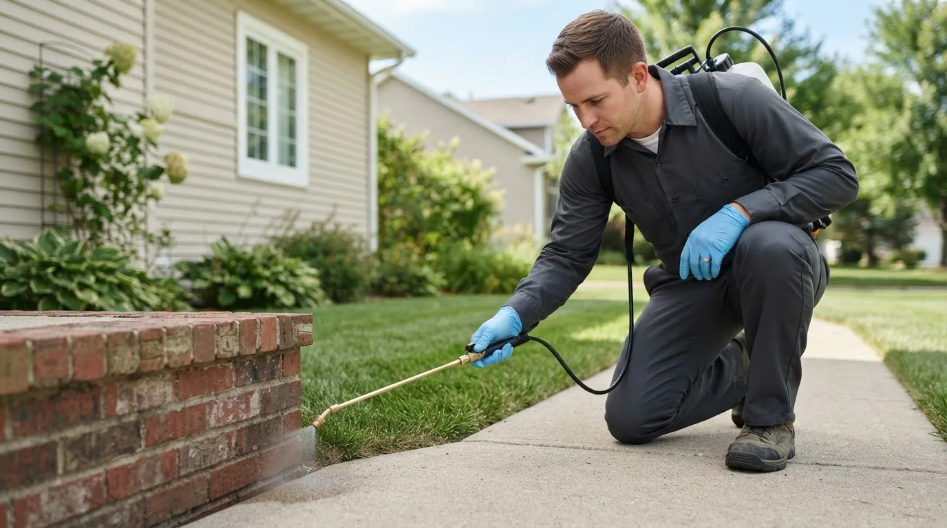 Pest control technician treating a home near Sanford, VA